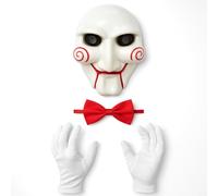 Lizzy Adult Scary Clown Puppet Costume Accessories - Horror Jigsaw Mask with White Gloves & Red Bow Tie - Creepy Halloween Fancy Dress Set for Horror Parties, Cosplay & Haunted Events