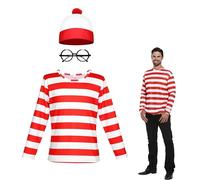 Lizzy Adult Wally Costume Red & White Striped Top with Glasses Hat Mens Wally Costume school Pretend Theme Party Fancy dress outfit Accessory Cosplay, World Book Day Halloween, Christmas