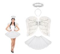 Lizzy Adult White Angel Costume | 3pc Set with Sparkling Feather Wings, Halo & Tutu Skirt | Women’s Fairy Fancy Dress Outfit for Halloween, Christmas, Carnival, Hen Parties & Cosplay