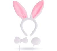 Lizzy Animal Ears Bow Tail Set | White & Pink Bunny Costume Accessories for Kids & Adults | Headband, Bow Tie & Tail | Fancy Dress Outfit for Easter, Halloween, Cosplay(White & Pink Ear Bunny Set)