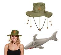 Lizzy | Australian Cork Hat & Inflatable Shark Set | One Size, Multicoloured, Polyester & Plastic | 2 Adult Hats with 10 Corks, 90cm Shark, Lightweight, Reusable | Fancy Dress Australia Day