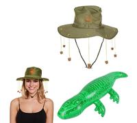 Lizzy Australian Cork Hat with Inflatable Crocodile Outback Style Hat with Hanging Corks Fancy Dress Costume Accessory for Themed Parties Festivals Beach Events Novelty Outfit Set