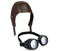 Lizzy Aviator 1940s Biggles Style Flying Helmet Hat with Steampunk Goggles Set, Vintage Pilot Costume Accessory, Faux Leather Cap, Retro Cosplay Fancy Dress, Unisex