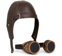 Lizzy Aviator 1940s Grandpa Style Biggles Pilot Hat + Steampunk Goggles Set | Vintage Flying Helmet Great Escape Costume Accessory | Cyber Goth Welding Glasses with Unisex Pilot & Captain Hat