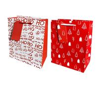 Lizzy | Bag 2 Pack | Red, 29x24x1CM | HOHOHO & Christmas Tree Design, Kraft Material, Reusable | Festive Christmas Packaging, Ideal for Xmas Presents, Decorative Bags