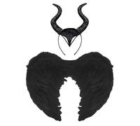 Lizzy Black Feather Wings + Devil Witch Black Horns Headband |Girls & Adult Angel Costume Accessory Halloween Christmas Carnival Cosplay Hen Night Party