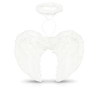 Lizzy Black Feather Wings + Halo Headband | Girls & Adults Angel Costume Accessory for Halloween, Christmas, Cosplay, Fancy Dress, Stage Shows & Hen Night Parties (White)