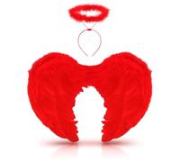 Lizzy Black Feather Wings + Halo Headband | Girls & Adults Angel Costume Accessory for Halloween, Christmas, Cosplay, Fancy Dress, Stage Shows & Hen Night Parties (Red)