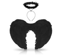 Lizzy Black Feather Wings + Halo Headband | Girls & Adults Angel Costume Accessory for Halloween, Christmas, Cosplay, Fancy Dress, Stage Shows & Hen Night Parties (Black)