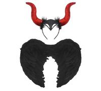 Lizzy Black Feather Wings with Headband | Kids & Adults Fancy Dress Costume Accessory | Dark Angel Outfit for Halloween, Christmas, Cosplay, Festivals, Stage Parties (Black Wings with Red Devil Witch)