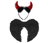 Lizzy Black Feather Wings with Headband | Kids & Adults Fancy Dress Costume Accessory | Dark Angel Outfit for Halloween, Christmas, Cosplay, Festivals, Stage Parties (Black Wings with Red Devil Fur)