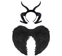 Lizzy Black Feather Wings with Headband | Kids & Adults Fancy Dress Costume Accessory | Dark Angel Outfit for Halloween, Christmas, Cosplay, Festivals, Stage Parties (Black Wings with Goat Antlers)