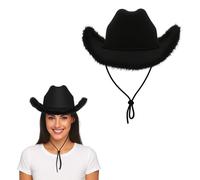 Lizzy Black Fluffy Cowboy Hat Women Adult Wide Brim Felt Fluffy Feather Trim Cowgirl Hat Fancy Dress Hats for Halloween Birthday Party Role-Playing Dress-Up