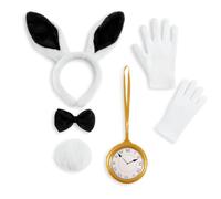 Lizzy Black rabbit costume set with bunny ears headband, bow tie, fluffy tail, white gloves & inflatable clock fancy dress accessory kit for kids & adults for Book Week, Easter, Halloween & parties