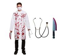 Lizzy Bloody Doctor Costume with Knife & Stethoscope | One Size Adult Fancy Dress Outfit with Blood-Splattered Coat & Mask | Halloween Party, Horror Night, Carnival Scary Costume Accessory