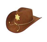 Lizzy Brown Cowboy Hat with Gold Sheriff Star | Adult Fancy Dress Western Hat with Gold Beaded Band | Suede-Effect Sheriff Costume Accessory for Parties, Festivals & Themed Events