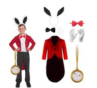 Lizzy Child Rabbit Costume (10-12 Years) 3pc Black Bunny Ear set, Tail Coat, Red Bow Tie, Inflatable Clock, Cotton Gloves Kids fancy dress costume accessory world book day Easter
