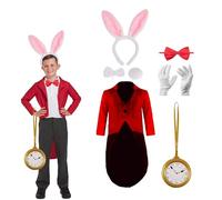 Lizzy Child Rabbit Costume (10-12 Years) 3pc Pink Bunny Ear set, Tail Coat, Red Bow Tie, Inflatable Clock, Cotton Gloves Kids fancy dress costume accessory world book day Easter
