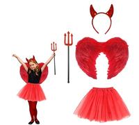 Lizzy Children's Red Devil Costume | Sequin Headband, Tutu Skirt, Glitter Trident, Feather Wings Halloween Child GirlsFancy Dress Costume Accessory