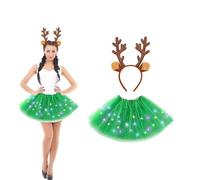 Lizzy Christmas Adult Tutu Costume | Brown Reindeer Glitter Antlers Headband with Glitter Light up Green Ladies Tutu Classic Fancy Dress Girls Accessories Head bopper Party Skirt Dancewear Xmas
