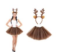 Lizzy Christmas Adult Tutu Costume | Brown Reindeer Glitter Antlers Headband with Plain Brown Ladies Tutu Classic Fancy Dress Girls Accessories Head bopper Party Skirt Dancewear Xmas