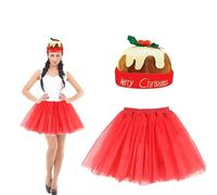 Lizzy Christmas Adult Tutu Costume | Pudding Hat with Plain Red Ladies Tutu Classic Fancy Dress Girls Accessories Head bopper Party Skirt Dancewear Xmas