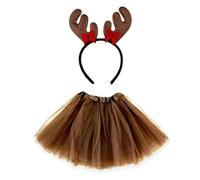 Lizzy Christmas Tutu Costume | Glitter Reindeer Antler With Bow Headband with Plain Brown Girls Tutu Classic Fancy Dress Girls Accessories Head bopper Party Skirt Dancewear Xmas