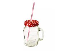 Lizzy Clear Glass Mason Mug Reusable Straw Drinking Cocktail Hen Party Summer Cups UK Mason Jars, Wide Mouth Mason Jar (Red)