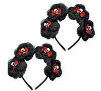 Lizzy Day of the dead Skull & Roses Headband | Halloween Head Hair Hat Adult kids Mens Womens Fancy Dress Devil Angel Costume Accessory Cosplay Dark Night Party (Pack of 02, Red Bow Skull Headband)