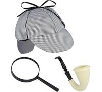 Lizzy Detective Deerstalker Hat + Fake Pipe + Magnifying Glass1920s Detective Holmes Sherlock Fancy Dress Accessories Set Halloween Carnival Party