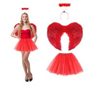 Lizzy | Fairy Angel Costume Set | Red, Adult, Includes Halo, Feather Wings, Short Tutu Skirt | Lightweight, Comfortable, Easy to Wear | Women's Fancy Dress for Parties, Halloween