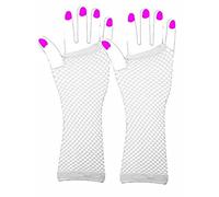 Lizzy | Fishnet Gloves Set | One Size, White | 28cm Length, Neon Stripe Design, Lightweight | 80s Fancy Dress Accessory, Hen Party, Dance Costume