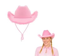 Lizzy Fluffy Texan Cowboy Hat Wide Brim Felt Hat with Feather Trim Western Style Fancy Dress Hat for Parties Festivals Halloween Stag Hen Birthday Costume Accessory Lightweight Comfortable Fit - Pink