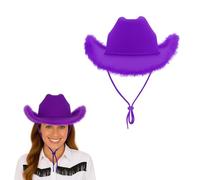 Lizzy Fluffy Texan Cowboy Hat Wide Brim Felt with Feather Trim Western Style Fancy Dress for Parties Festivals Halloween Stag Hen Birthday Costume Accessory Lightweight Comfortable Fit - Purple