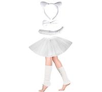 Lizzy Girls Animal Costume (Ear Bow Tail Set + Tutu + Leg Warmer) Halloween Book Week Party Fancy Dress Outfit Skirt Accessories Kit (White Cat Set + Plain White Tutu + L/W)