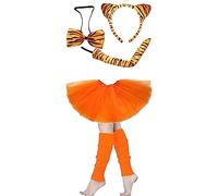 Lizzy Girls Animal Costume (Ear Bow Tail Set + Tutu + Leg Warmer) Halloween Book Week Party Fancy Dress Outfit Skirt Accessories Kit (Tiger Ear Set + Plain Orange Tutu + L/W)