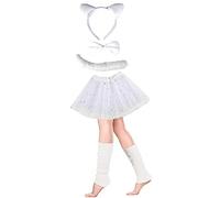 Lizzy Girls Animal Costume (Ear Bow Tail Set + Tutu + Leg Warmer) Halloween Book Week Party Fancy Dress Outfit Skirt Accessories Kit (White Cat Set + Glitter White Tutu + L/W)