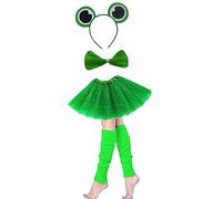Lizzy Girls Animal Costume (Ear Bow Tail Set + Tutu + Leg Warmer) Halloween Book Week Party Fancy Dress Outfit Skirt Accessories Kit (Green Frog Set + Glitter Green Tutu + L/W)