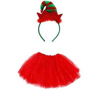 Lizzy Girls Deluxe Christmas Tutu Costumes | Christmas Party Fancy Dress Stage Dance Skirt Dancewear | Xmas Fancy Dress Costumes (Elf Hat with Red Tutu)
