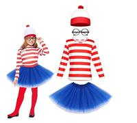 Lizzy | Girls Fancy Dress Costume | Large 10-12 Years, Red & White Striped T-Shirt, Hat, Glasses, Plain Tutu | Comfortable, Easy Care | For World Book Day, Kids Parties