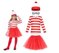 Lizzy Wally Girls Fancy Dress Costume | Red & White Striped T-Shirt, Red & White Hat, Glasses & Plain Tutu | Kids Girls Fancy Dress For World Book Week Day (Small 4-6 Red)