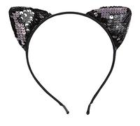 Lizzy Girls Metal Sequin Cat Ears Headband | Hair Band Fancy Costume Party Cosplay | Cat Ear Headband One Size Fits All (Black Sequin)