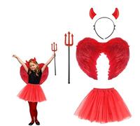 Lizzy Girls Red Devil Costume | Glow in the Dark Headband, Tutu Skirt, Glitter Trident, Feather Wings Halloween Girl Fancy Dress Costume Accessory