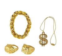 Lizzy Golden Dollar Necklace Chain + Bracelet + Ring | 90s 70s Hip Hop Halloween Fancy Dress Fashion Gangster Costume Accessory Chain Mens Adult