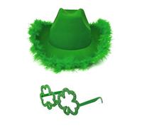 Lizzy Green Cowboy Hat With Irish Shamrock Novelty Glasses with Glitter St.Patrick's Day Party Hats Shamrock Hat Fancy Dress Irish Green Feather Felt Hat for Women Men