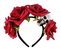 Lizzy Halloween Headband Head Hair Hat Headboppers Adult kids Mens Womens Fancy Dress Devil Angel Costume Accessory Cosplay Dark Night Party (Red Rose Headband with Skull)
