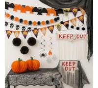 Lizzy Halloween Party Decoration Set 12-Piece Bundle - Includes Garlands, Bunting, Spider Webs, Pom Poms, Creepy Cloth, Door Curtain, Lace Tablecloth - Complete Spooky Décor Kit for Halloween Parties