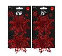 Lizzy | Holly Decoration, Red, 12cm, 4 Pack | Glittered PVC, Stainless Steel Clip, Tree Ornament | Christmas Decoration, Festive Home Decor
