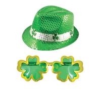 Lizzy Irish Sequin Gangster Hat with Giant Irish Sunglasses | St Patrick's Day Accessories Clover Leprechaun Hat Unisex One Size Irish Fancy Dress Costume Accessory