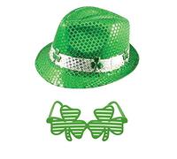 Lizzy Irish Sequin Gangster Hat with Shutter Shamrock Glasses | St Patrick's Day Accessories Clover Leprechaun Hat Unisex One Size Irish Fancy Dress Costume Accessory